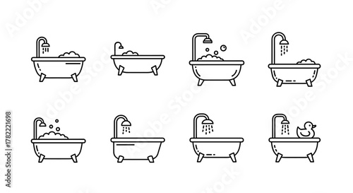 Collection of eight minimalist line art bathtub icons, showcasing various states of use including full of bubbles, running water, and a rubber ducky, perfect for UI design, web, apps, books, and