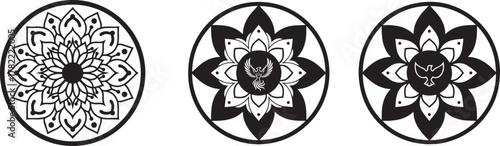 Mandala Vector Graphic Featuring Geometric and Floral Motifs in Monochromatic Style - Intricate Design, Round Frame, and Spiritual Symbolism          