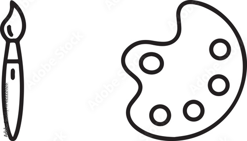 Monochrome Art Supplies: Paintbrush and Palette Isolated on White Background in a Minimalist Line Art Style.                                          