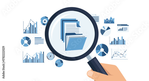 Magnifying glass inspects financial charts and documents, revealing business insights and data analysis for strategic planning