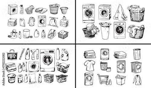 laundry icon illustration, washing machine sketch, household cleaning artwork, detergent bottle drawing, washing items vector, clothes washing art, home laundry doodle, soap and cleaning supplies, was