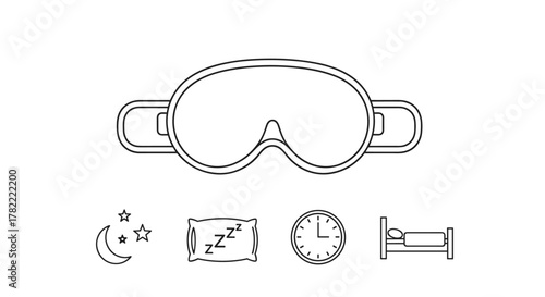 Simple line icon set representing sleep and rest, featuring a sleep mask, crescent moon with stars, a pillow with Zzz, a clock, and a bed, all on a clean white background, ideal for illustrating