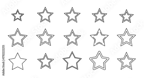 Collection of Star Outline Signs and Symbols, Featuring Various Sizes and Styles with Editable Stroke, Perfect for Infographics, Articles, Books, Flyers, Banners, and Vector Cartoon Illustrations on