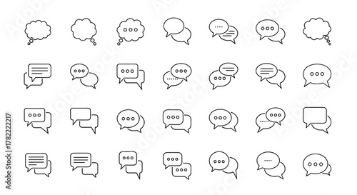 Collection of thin line icons representing speech bubbles, talking, conversation, and dialogues, perfect for web, books, cards, and apps, with editable stroke for customization, presented as a vector