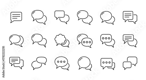 Set of thin line icons representing speech bubbles, talking, conversation, and dialogues, perfect for web sites, books, cards, and apps. Editable stroke vector cartoon illustrations.