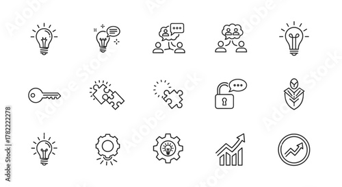 Set of creative business solution icons in line style, representing innovation, teamwork, problem-solving, and growth. Includes lightbulbs for ideas, puzzle pieces for solutions, gears for processes