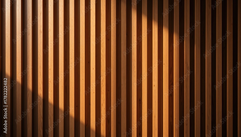 Obraz premium Sunlight and shadows cast on wooden slats, creating a textured backdrop for design