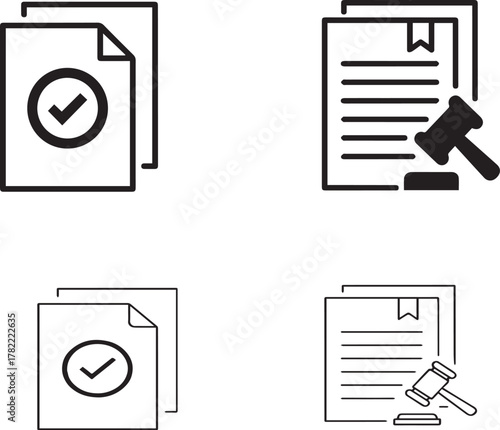 Contracts and Legal Process: Icons of Agreements, Legal Judgments, and Validated Documents in Simple Black and White Design                           
