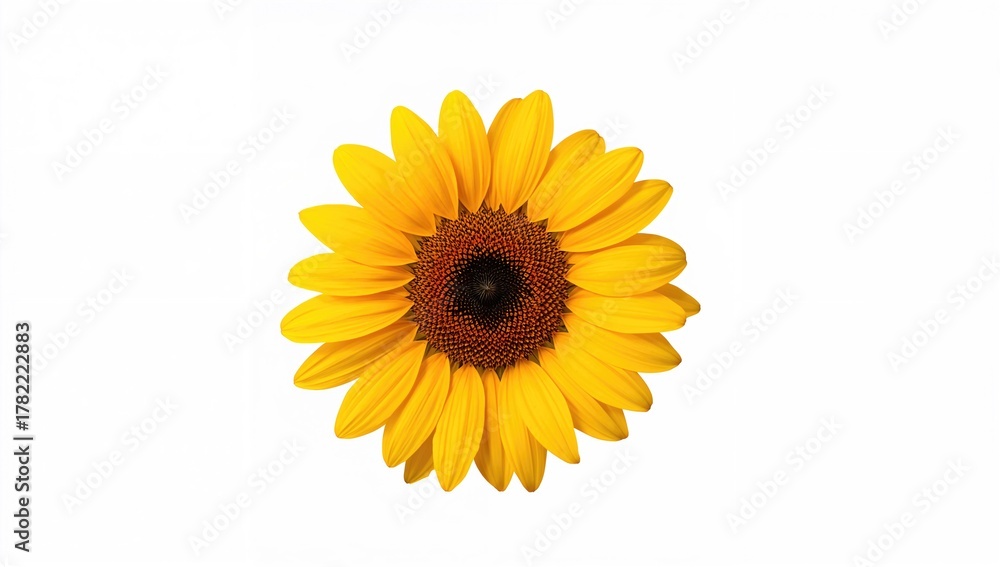 Fototapeta premium Isolated top view of a yellow sunflower against a white backdrop, suitable for editorial header background