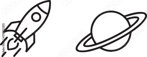 Minimalist Outlined Illustration: Rocket Launching, Planet With Ring, for Space Exploration and Scientific Concepts.                                  