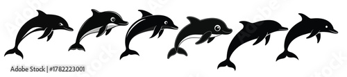 Collection of black dolphin silhouettes and cartoon illustrations on white background. Concept of marine life, aquatic animals, playful dolphins, ocean creatures. Print, icon, design element.