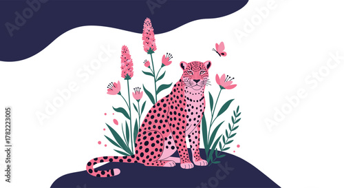 A stylish pink leopard with black spots gracefully poses among beautiful pink flowers and green leaves, accompanied by a small butterfly.