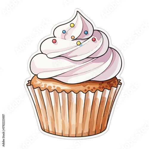 Vector Illustration of Cupcake with Swirled Frosting and Colorful Sprinkles in Modern Style