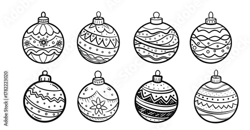 Collection of black and white outline illustrations of various Christmas ornaments with unique patterns and designs. Concept of holiday decoration, festive coloring, Christmas craft templates. Set