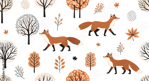 A charming seamless autumn pattern with playful foxes walking among stylized trees and scattered fall leaves, in a warm earthy color palette.