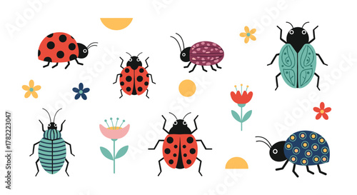 Whimsical collection of colorful cartoon beetles, including ladybugs, with stylized flowers and abstract shapes on a clean white background.