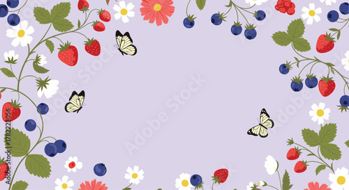 Decorative frame of fresh strawberries, ripe blueberries, and cheerful wildflowers with three butterflies on a light purple background.