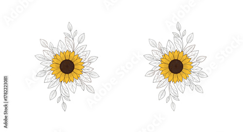 A pair of beautiful hand-drawn sunflowers featuring bright yellow petals and detailed line-art leaves, set on a clean white background.