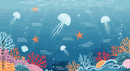 A vibrant underwater scene with gracefully floating jellyfish, colorful coral reefs, starfish, and shimmering water, depicting marine life.