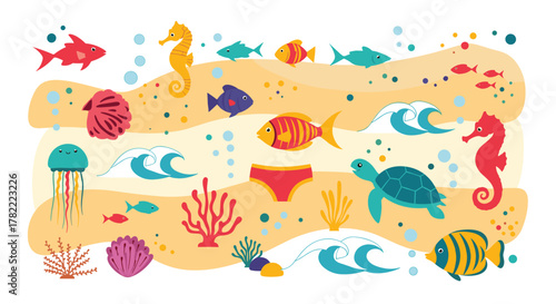 Vibrant cartoon illustration of diverse marine life, featuring fish, seahorses, a turtle, and jellyfish, swimming above a sandy seabed with coral.