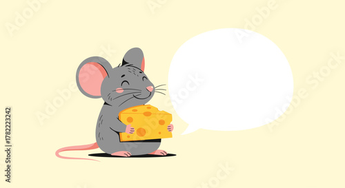 An adorable cartoon mouse holds a delicious block of Swiss cheese with a joyful expression, featuring a blank speech bubble for custom text.