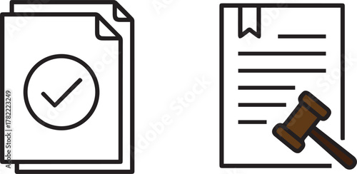 Approved document with checkmark and law document with gavel, illustration on white background.                                                       