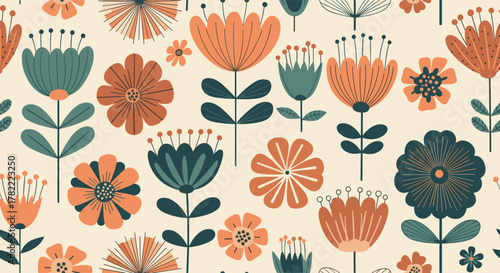 A modern seamless pattern of stylized folk art flowers and leaves in earthy orange and teal tones on a cream background.