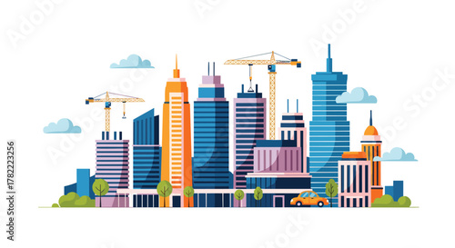 A modern city skyline with towering skyscrapers, active construction cranes, and lush green spaces, depicting urban development and growth.