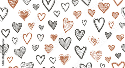 Decorative seamless pattern featuring hand-drawn hearts in brown and charcoal gray on a white background, symbolizing love and affection.