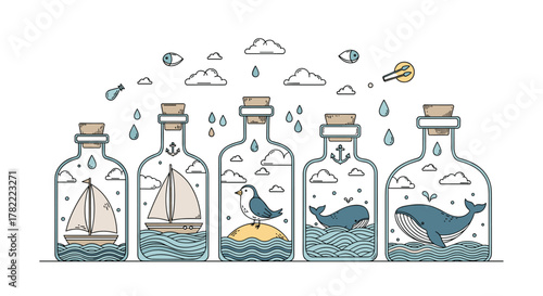 A collection of glass bottles containing miniature marine and nature scenes like sailboats, a bird, and whales, with clouds and raindrops above.