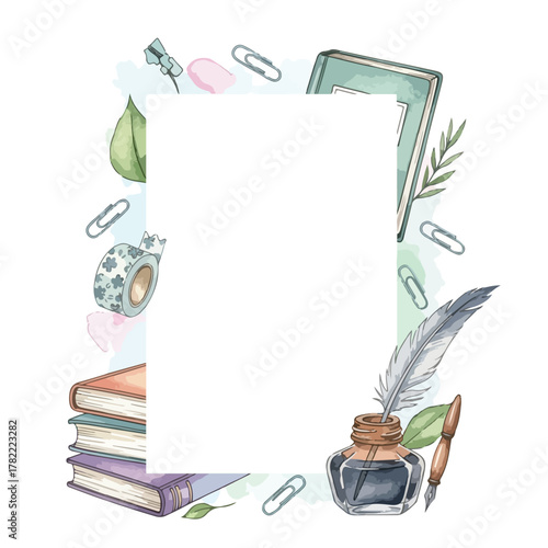 Vintage Stationery Vector Illustration with Books Quill Ink Bottle and Decorative Elements in Organic Style