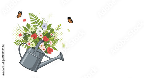 A charming gray watering can filled with a colorful bouquet of fresh spring flowers and fluttering butterflies on a white background.