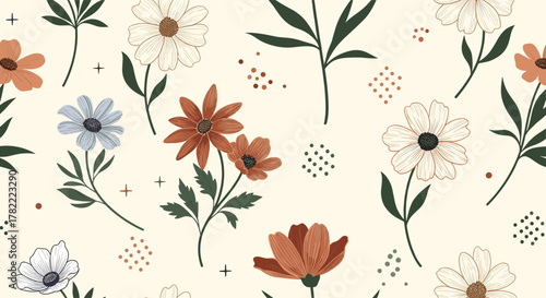 A charming seamless pattern with hand-drawn flowers in soft, earthy tones, complemented by scattered dots and crosses on a light background.