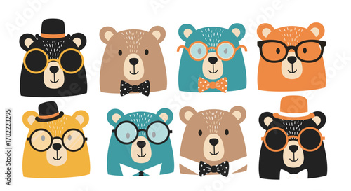 Collection of cute cartoon bear faces in various colors, adorned with glasses, hats, and bow ties on a white background.