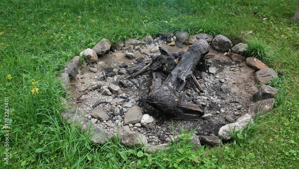 Obraz premium A circular fire pit with charred wood and blackened ashes, surrounded by smooth stones, reflecting a recent outdoor gathering