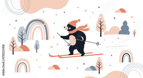 A cheerful cartoon bear wearing a knit hat and scarf skis through a whimsical winter landscape adorned with soft pastel rainbows and stylized trees.