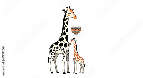Illustrative scene captures the heartwarming bond between a mother giraffe and her baby, expressing love and maternal care under an artistic patterned heart.
