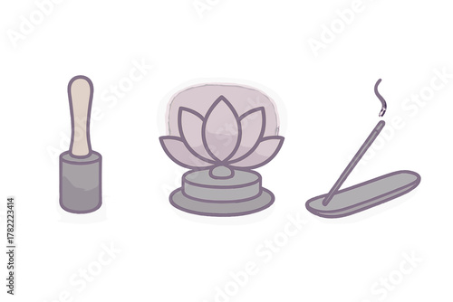Aromatic incense stick, blooming lotus flower, and massage tool for spiritual self-care