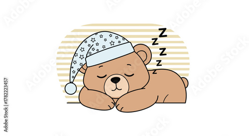 A cute cartoon brown bear sleeps soundly, wearing a light blue sleeping cap with stars and Zzz symbols, set against a cozy striped background.
