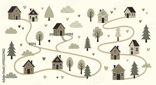 Charming village map illustration with cozy houses, winding paths, and whimsical trees, surrounded by gentle clouds and decorative hearts.