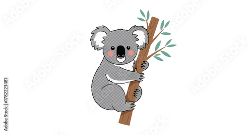 A cute, happy koala bear cartoon with pink cheeks is smiling while hugging a brown tree branch with green eucalyptus leaves.