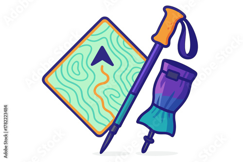 Essential hiking and trekking equipment set featuring topographic map, walking pole, and camping gear