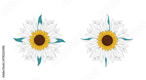 Illustrative pair of sunflower mandalas featuring vibrant yellow petals, brown centers, and decorative teal leaves.