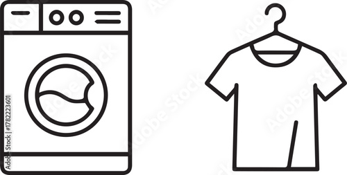 Simple Washing Machine and T-Shirt Outline on White - Minimalist Laundry Icon Set [Vector Illustration]                                               