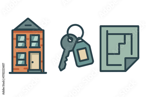 Real estate transaction icons featuring a house, keys, and architectural blueprint