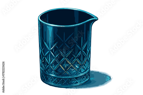 Blue crystal cocktail mixing glass with diamond cut pattern on a white background