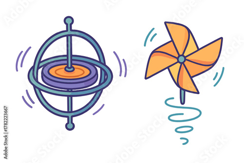Dynamic icons of a complex gyroscope mechanism and a simple spinning pinwheel toy