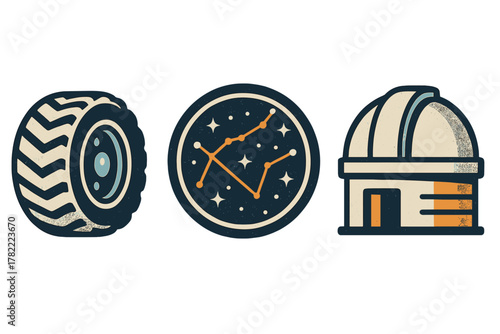 Set of three retro style badges showing a rugged tire, a star constellation, and an observatory dome
