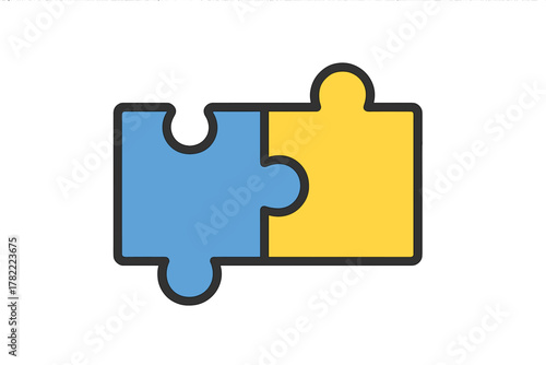Brightly colored blue and yellow puzzle pieces fitting together symbolizing collaboration and strategy