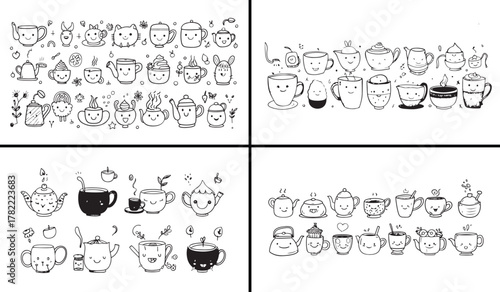 coffee mug illustration, tea cup doodle, hot beverage sketch, coffee shop artwork, breakfast mug design, cafe elements vector, hand drawn drink cups, cozy coffee illustration, minimal beverage art, cr